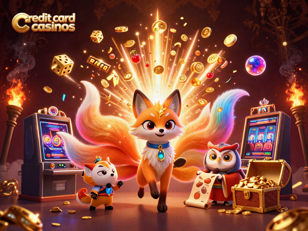 Experience the thrill of winning at credit card casinos with a bursting jackpot scene and colorful characters.