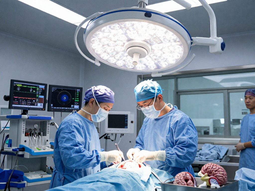 Neurosurgeon preparing for beyin tümörü ameliyatı in a modern operating room with advanced surgical tools.