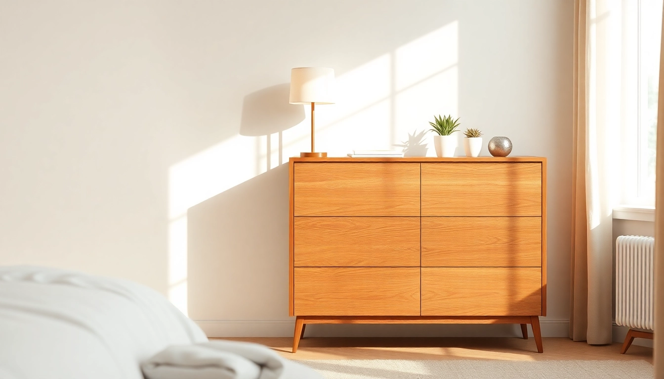Showcase of a stylish chest of drawers enhancing a modern bedroom's decor.