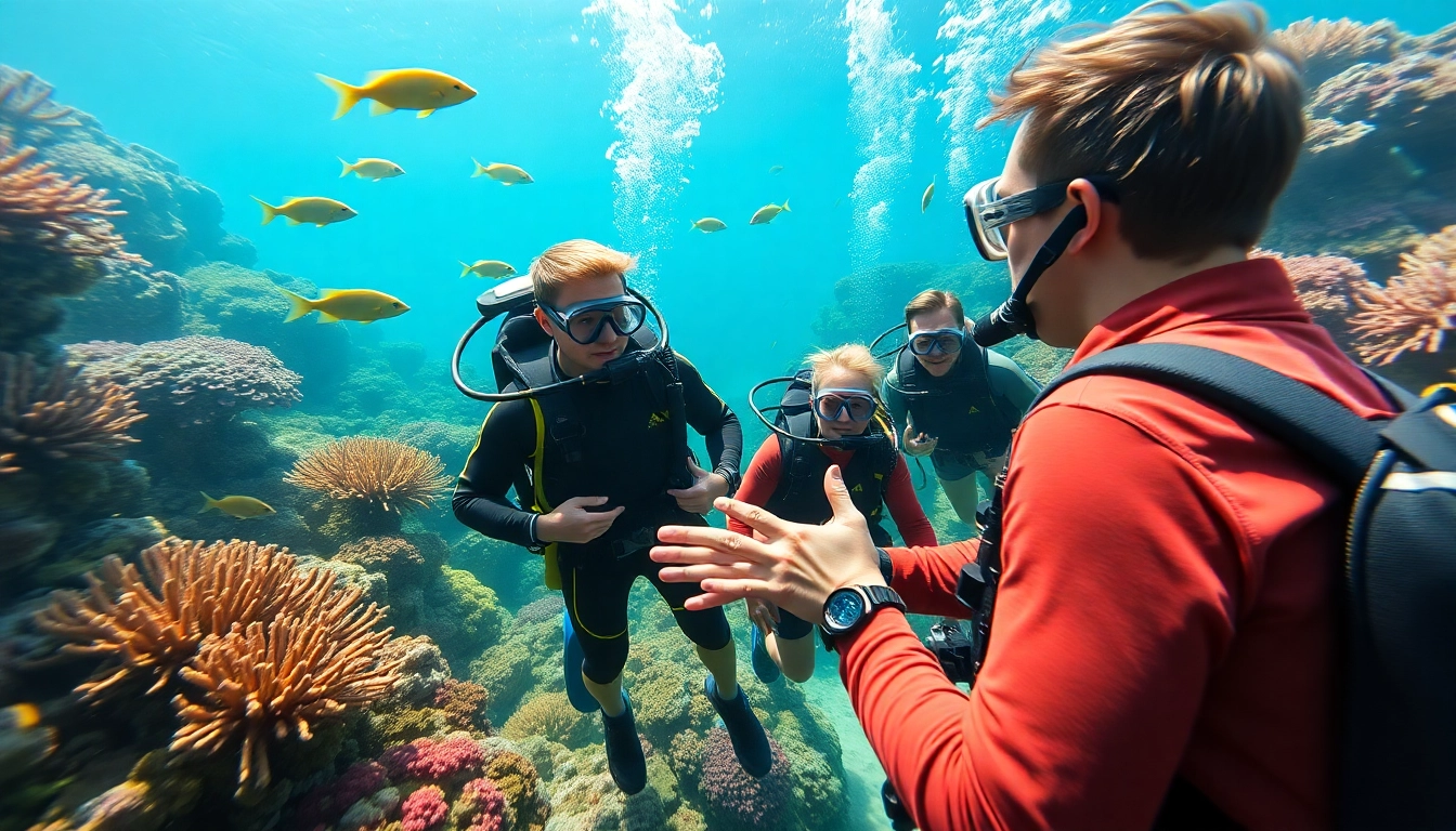Tauch Ausbildung unter Wasser mit einem Tauchlehrer und Schülern vor einem bunten Korallenriff.