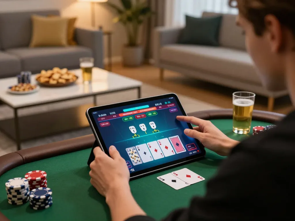 vt88 player engaging in online poker game on a tablet in a cozy living room setting