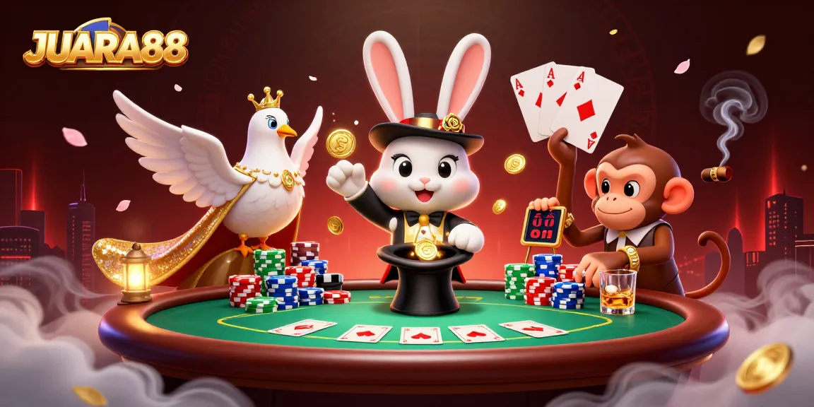 Engage with JUARA88 as a magician rabbit brings golden coins to life amid vibrant poker action.