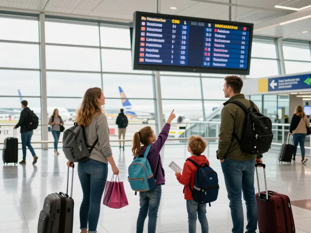 Leeds Bradford Airport from Halifax, family excited at airport departure board with luggage and boarding passes.