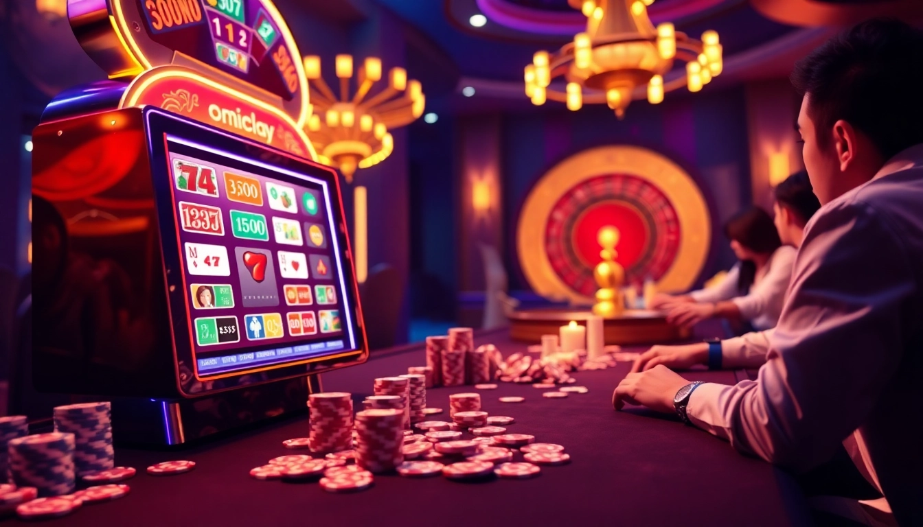 An engaging scene highlighting onicplay online casino with vibrant slot machines and colorful poker chips in a luxurious setting.