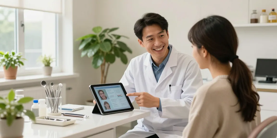 Discover more here, a dentist discussing treatment plans with a patient in a bright dental clinic.