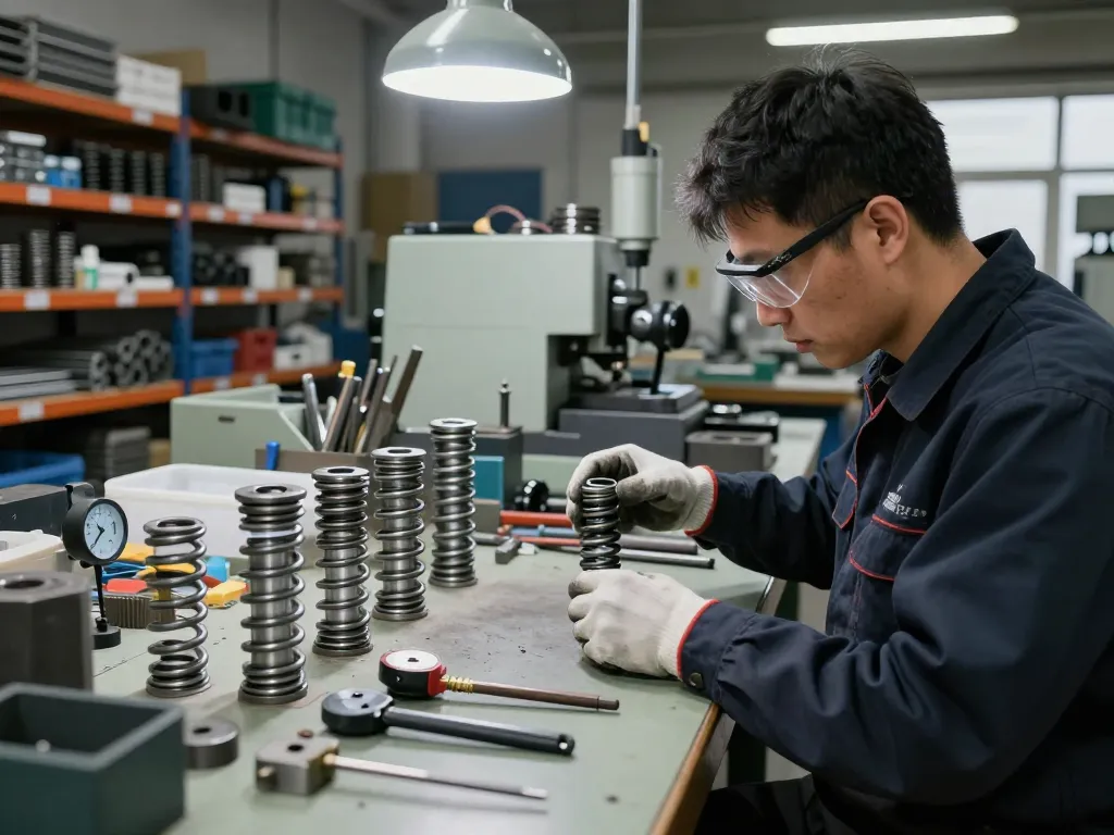 Tehnician inspectând arcurile din oțel într-un atelier industrial, evidențiind precizia și măiestria.