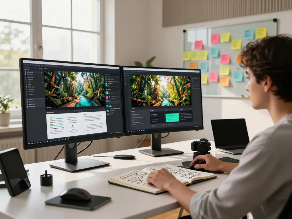 Focused workspace showcasing video to prompt ai technology, with screens displaying detailed video prompts and analysis in a bright, modern setting.