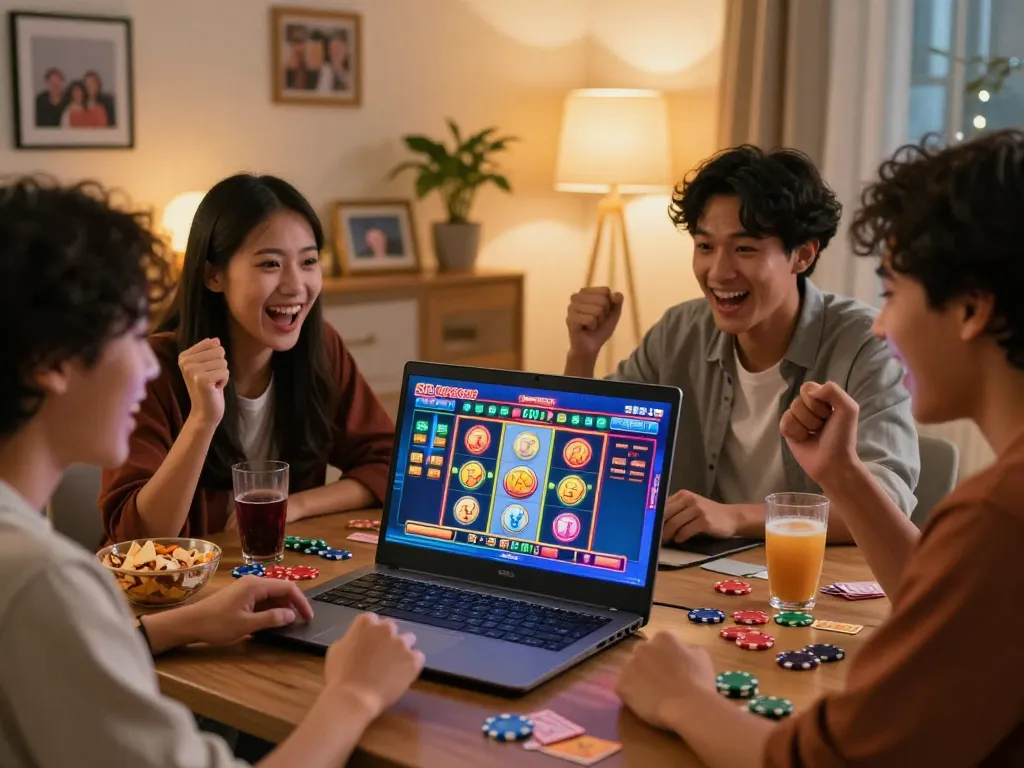 Exciting gaming scene with friends enjoying situs gacor online slots in a cozy living room.
