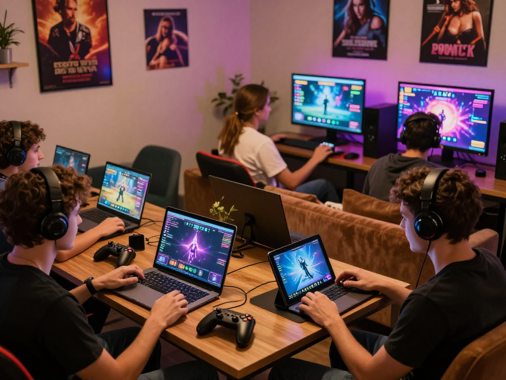 Players enjoying a thrilling sex game experience on multiple devices in a cozy gaming lounge.