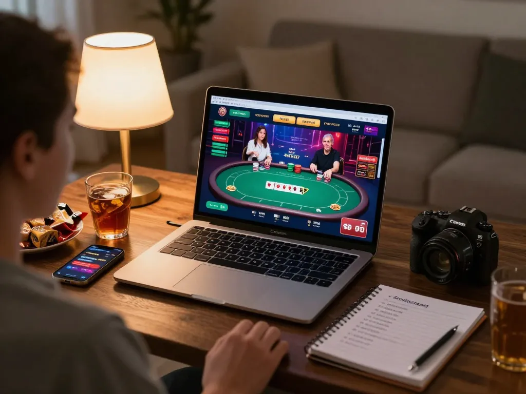 Engaging home gaming scene with laptop displaying Trang chủ Bet88 poker action, inviting atmosphere, and snacks.