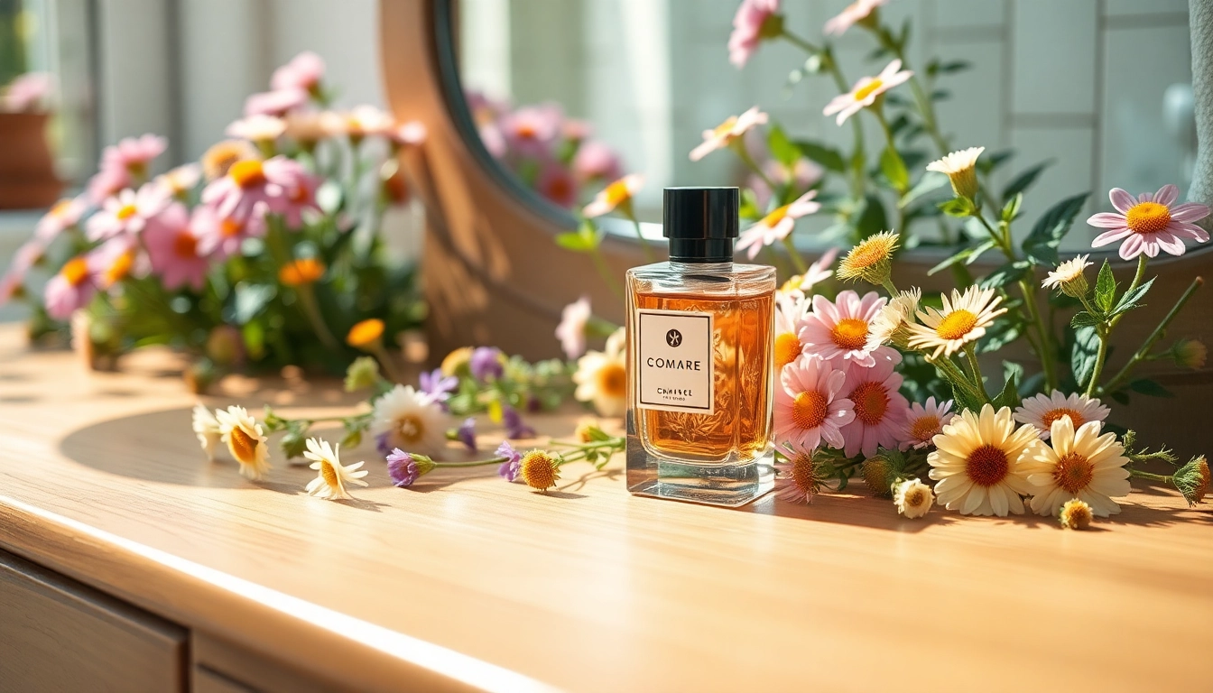 Ombre nomade fragrance showcased on a wooden vanity surrounded by wildflowers.