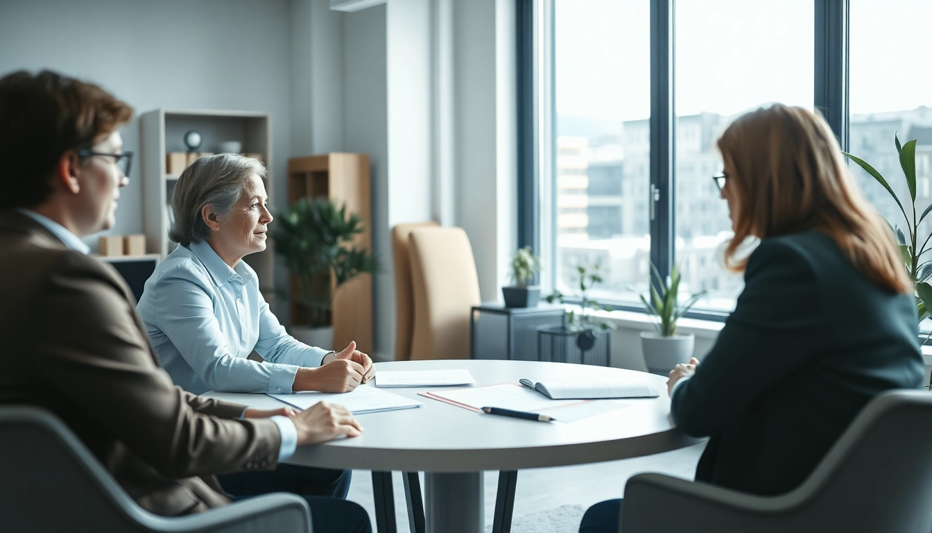 Mediation in a professional setting with a mediator facilitating discussion.