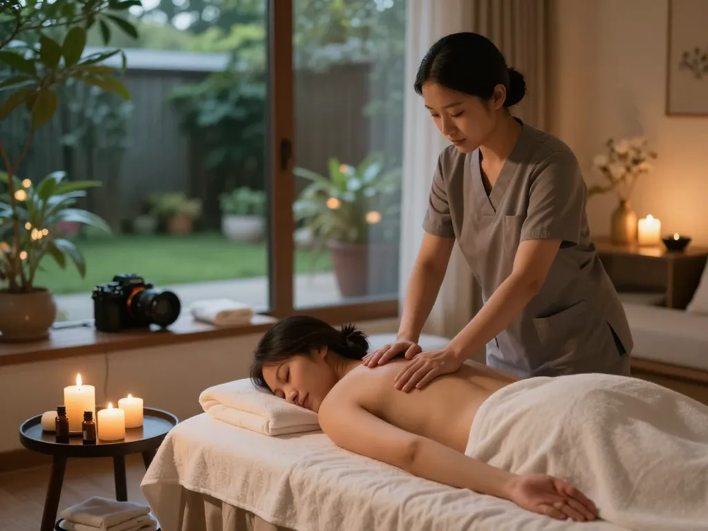Relaxing massage scene showcasing maxim-anma.net's tranquil home spa experience with professional therapist and soothing ambiance.