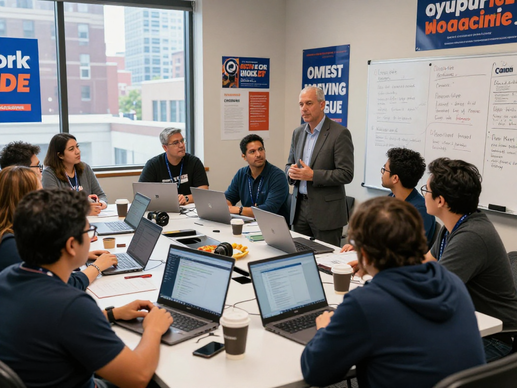 Engaged team strategizing a rapid response for campaigns within a vibrant political office.