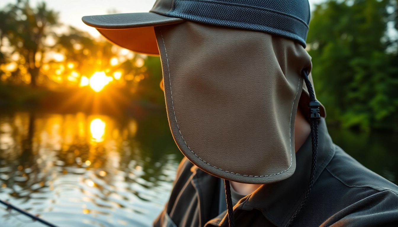 Man fishing with a stylish fly fishing hat by a tranquil lake showcasing nature's beauty.