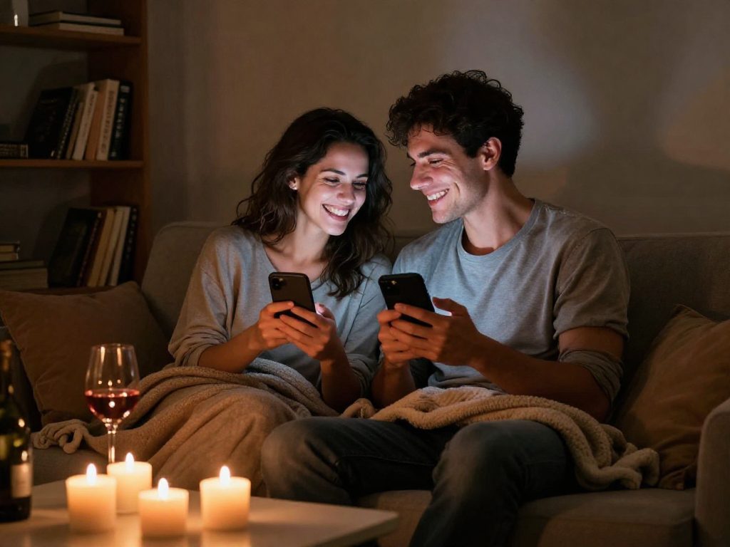Couple enjoying sexting ai conversation on smartphones in intimate setting with candles and cozy atmosphere