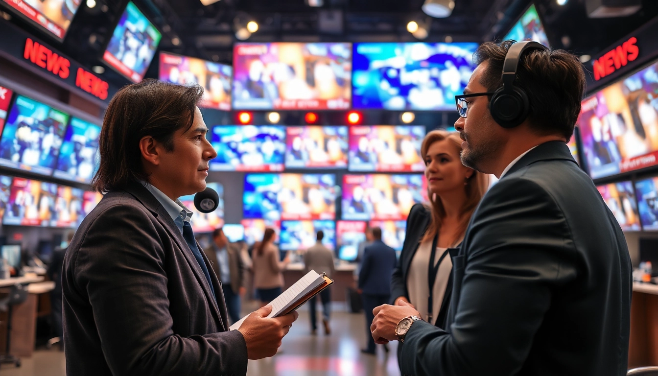 News reporter interviewing a source in a vibrant newsroom environment.