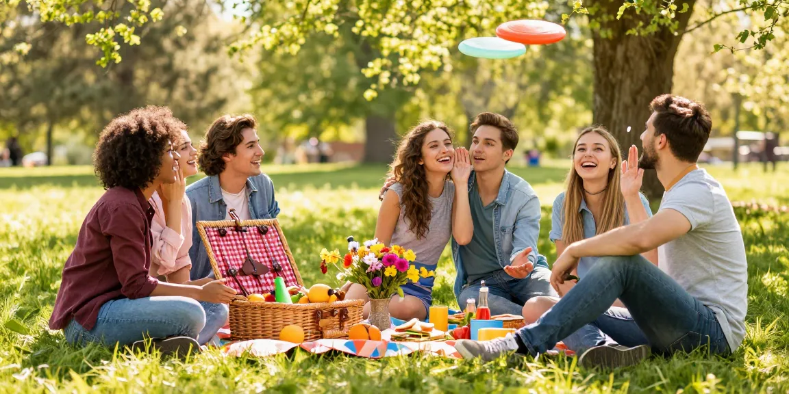 Friends enjoying a spring picnic while sharing a crush on someone special in a cheerful outdoor scene.