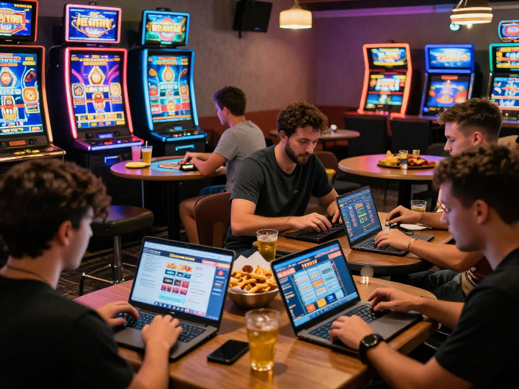 Exciting atmosphere with players enjoying games at eu casinos online, vibrant lounge setting.
