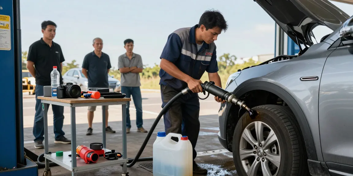 Adblue in diesel car fuel drainage service by expert technician in automotive scene