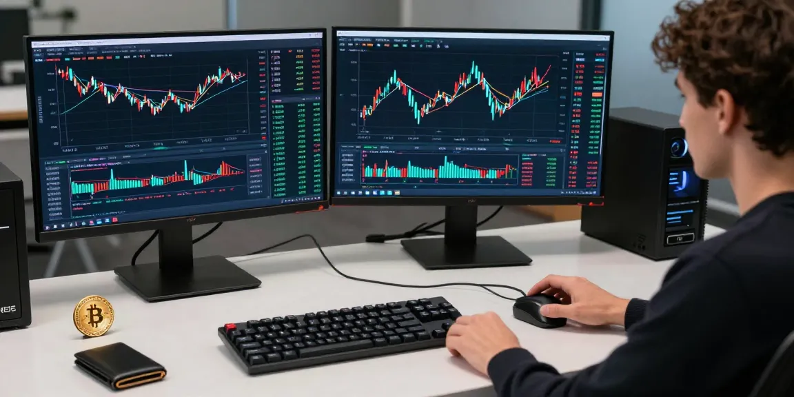 Bitcoin mining service in a tech-forward workspace, featuring cryptocurrency charts and secure digital wallets.