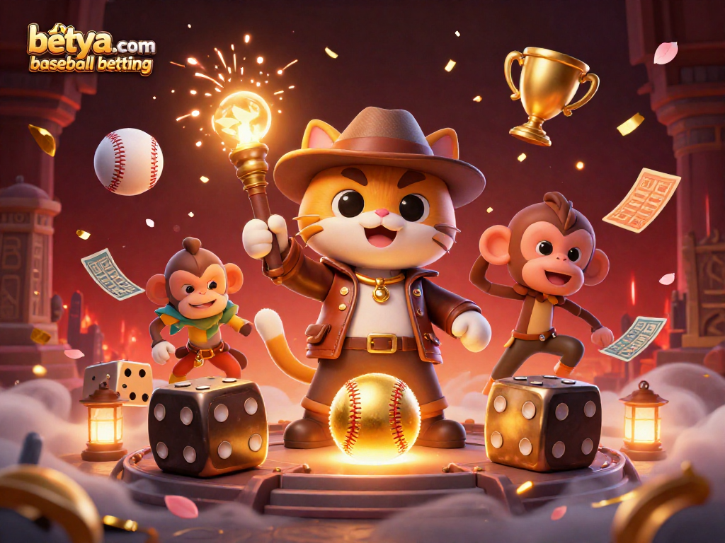 Engage in betya.com baseball betting with key features like trophies, betting slips, and festive fireworks.