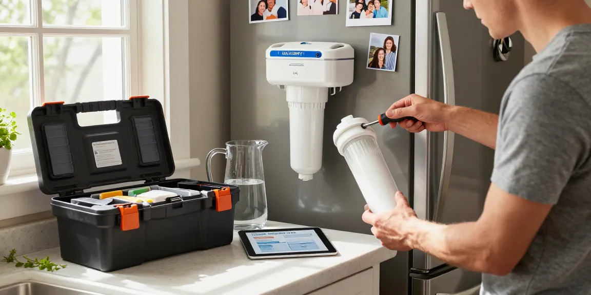 AQUA CREST EDR1RXD1 Replacement for W10295370A filter installation in a bright kitchen, highlighting DIY home maintenance.