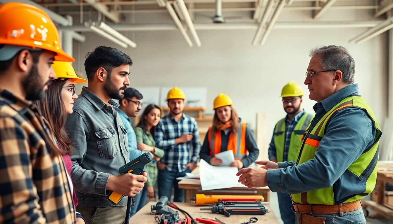 Engaged individuals in construction training demonstrating safety protocols in a vibrant classroom setting.