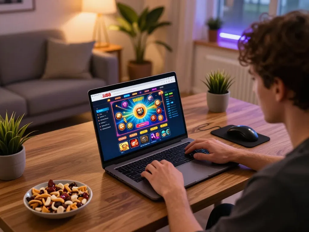 Engaging in online gaming with uu88 on a laptop in a cozy home office