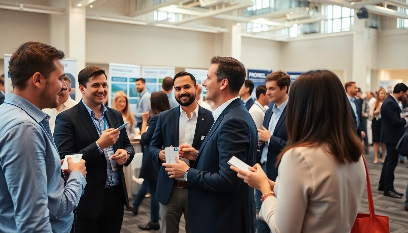 Engaged professionals discussing construction networking at a lively conference event.