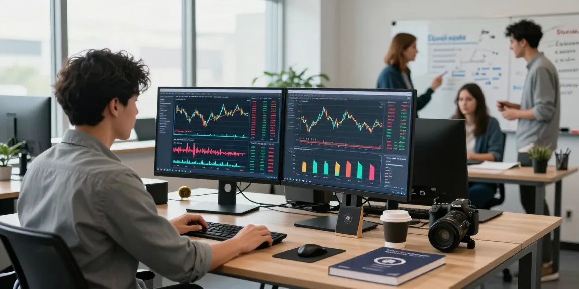 Trendy workspace featuring a professional analyzing XXKK Crypto Exchange market charts and trading data.