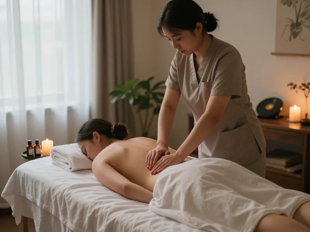 촛불과 녹색 식물이 있는 평온한 스파 환경에서의 마포 스웨디시 마사지 세션.