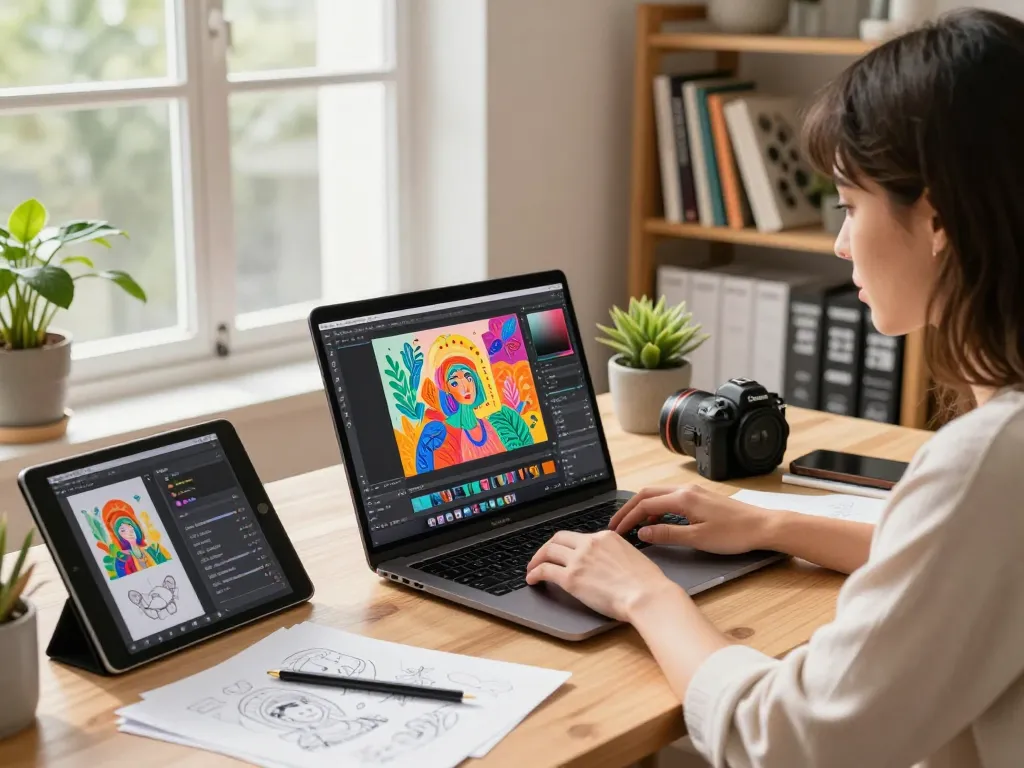 Artist using nano banana 2 AI in a vibrant digital art studio, laptop displaying colorful editing tools, natural light illuminating the workspace.