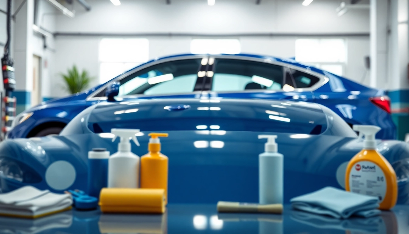 Interior and exterior car detailing setup highlighting a gleaming car and detailing tools in a professional garage.