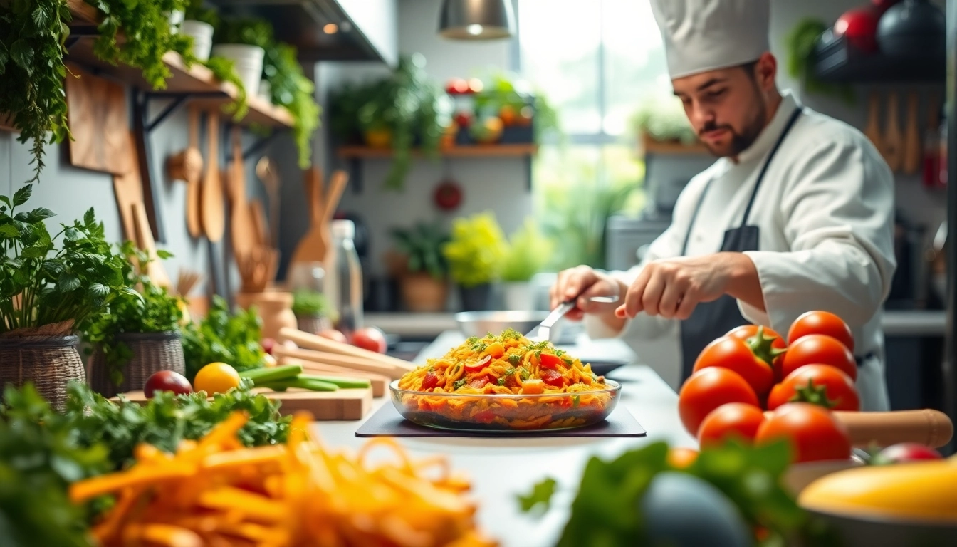 Discover engaging dish facts while a chef prepares vibrant ingredients in a bright kitchen.