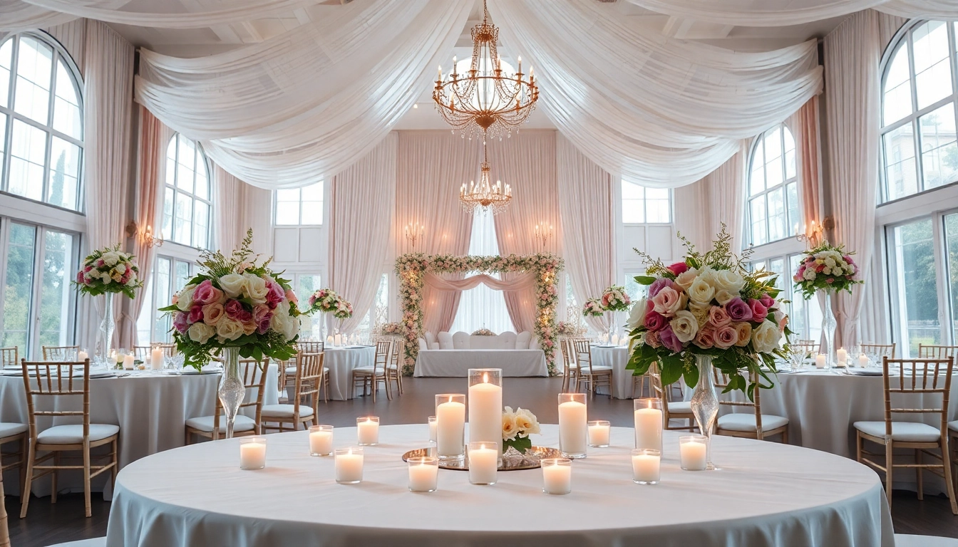 Der Hochzeitssaal in eleganter Dekoration mit romantischem Kerzenlicht und schönen Blumenarrangements.