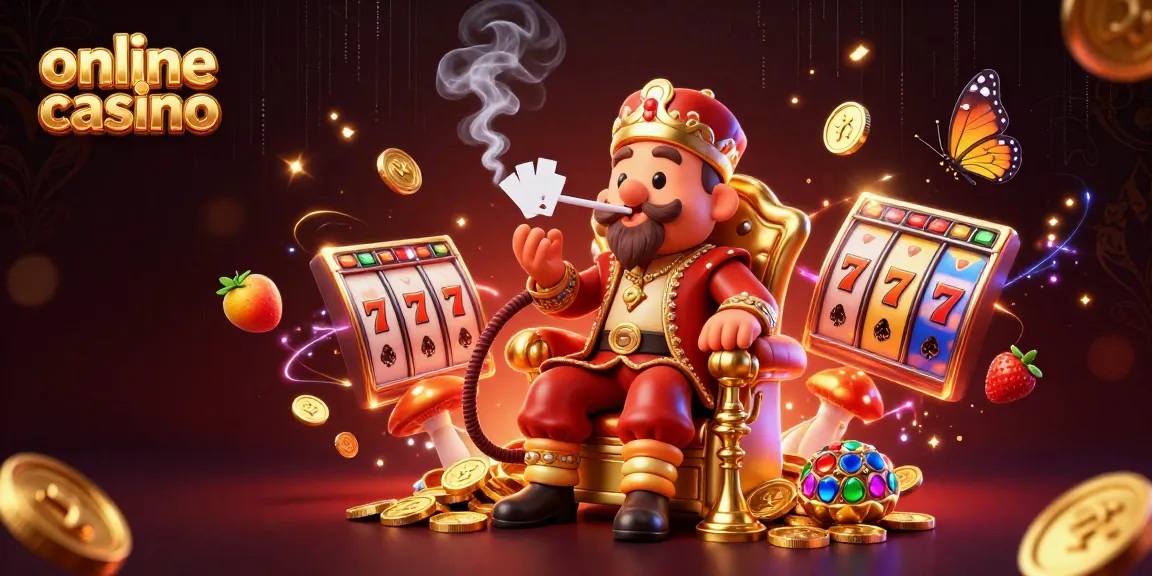 Engage in thrilling gameplay at an online casino with a whimsical scene featuring vibrant characters and casino elements.