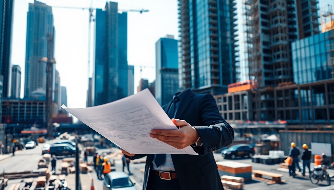 Manhattan Construction Manager reviewing plans at an active construction site.