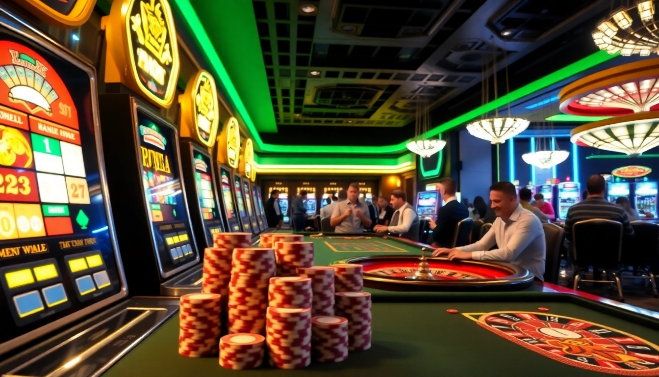 Experience thrilling gaming action at gori77 with vibrant casino tables, chips, and slot machines.