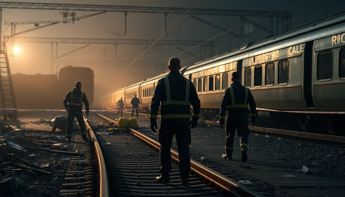 Emergency responders at the spain train crash site working amidst debris and damaged train cars.