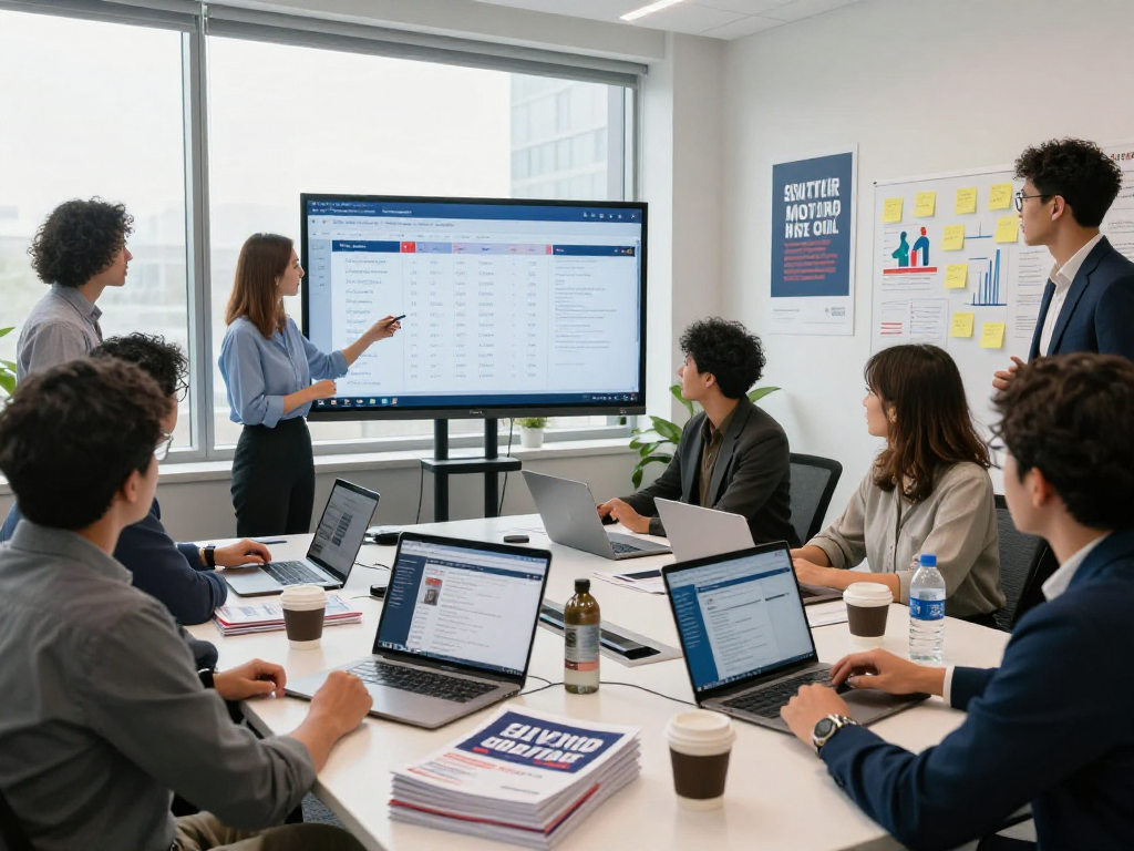 Email marketing for campaigns strategies discussed by a political campaign team in a vibrant office.