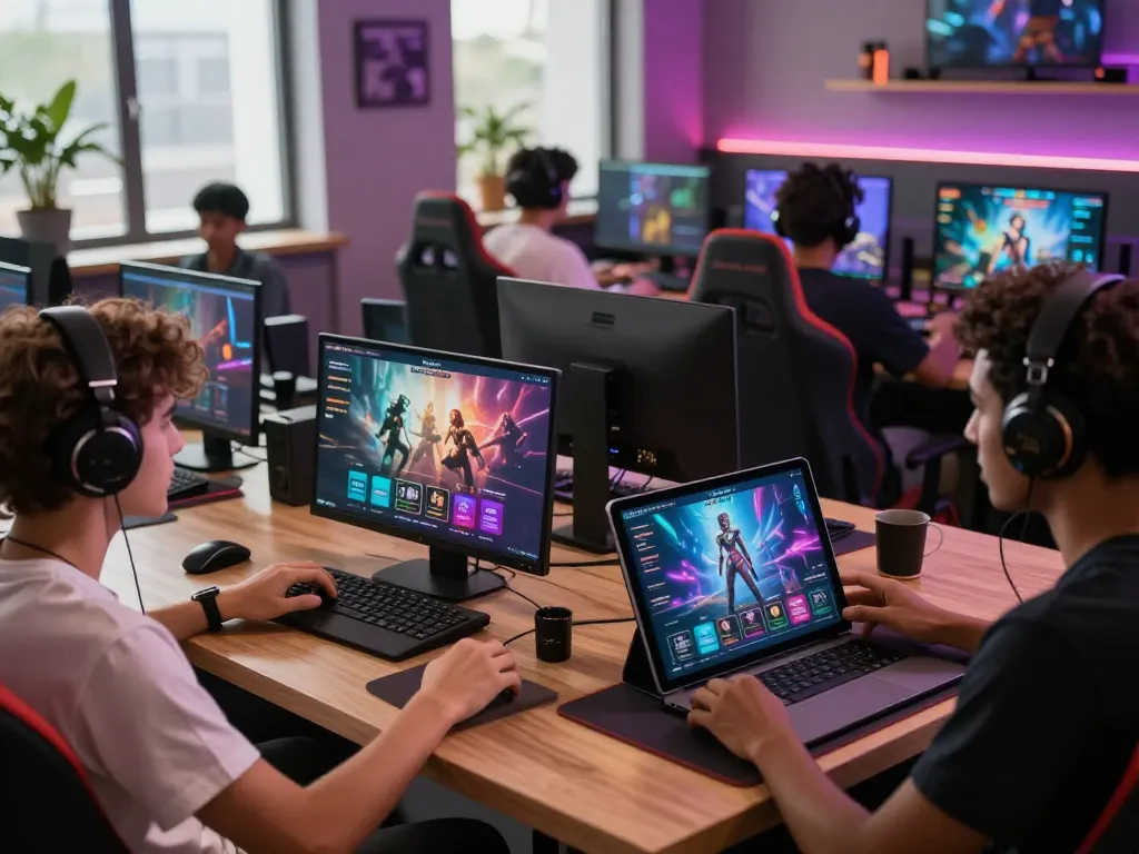 Gamers enjoying engaging AI porn games on various devices in a cozy lounge setting