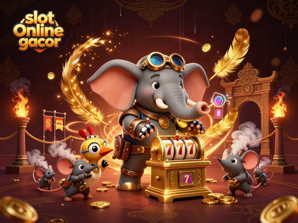 Engage in slot online gacor gameplay with a steampunk elephant, golden slot machine, and dynamic gambling elements.