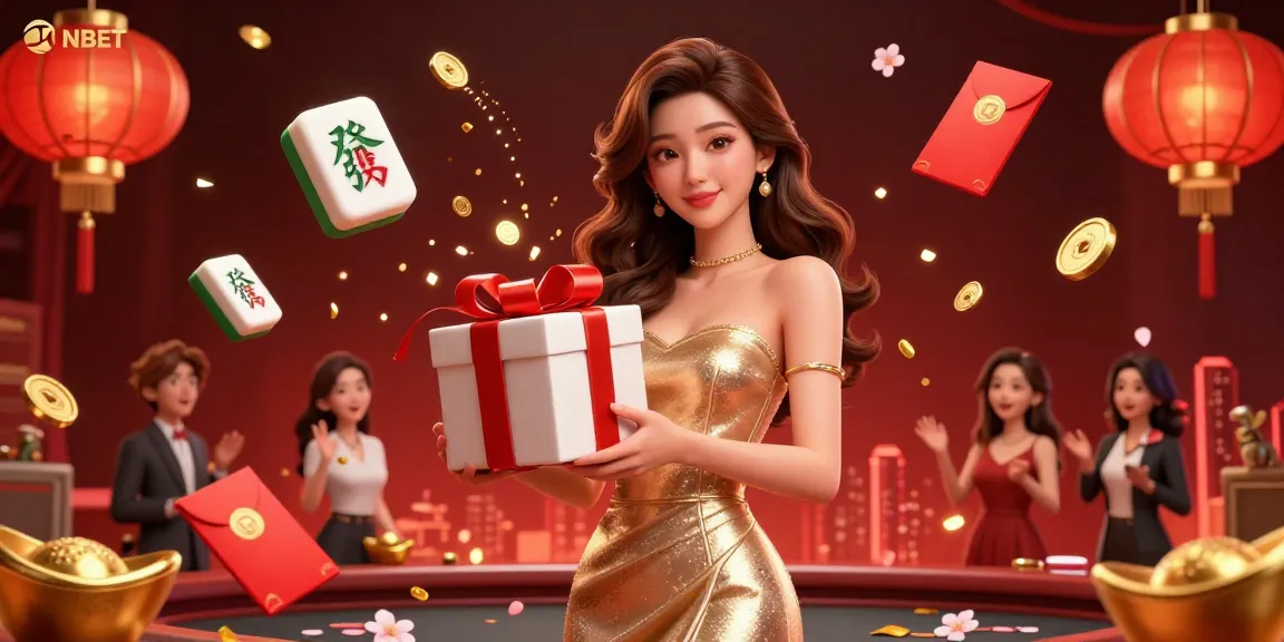 Engage with ONBET's vibrant casino scene featuring a welcoming Asian woman in a sparkling dress, celebrating with festive elements.