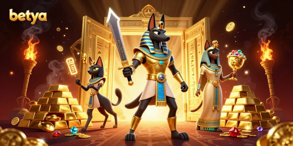 Experience thrilling wins at betya with Anubis and Bastet in a vibrant casino scene.