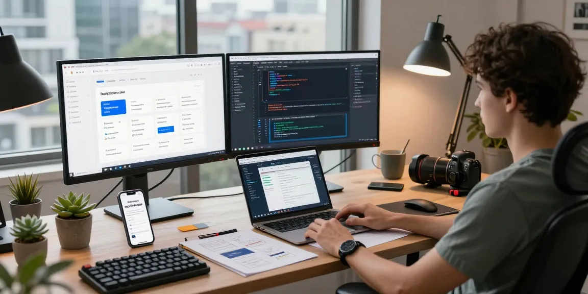 Web developer testing responsive designs on testresponsive.com in a modern workspace.