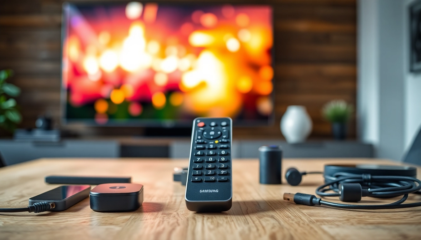 Bedienen Sie die Samsung Fernbedienung UE46 inmitten von eleganten TV-Zubehörteilen.