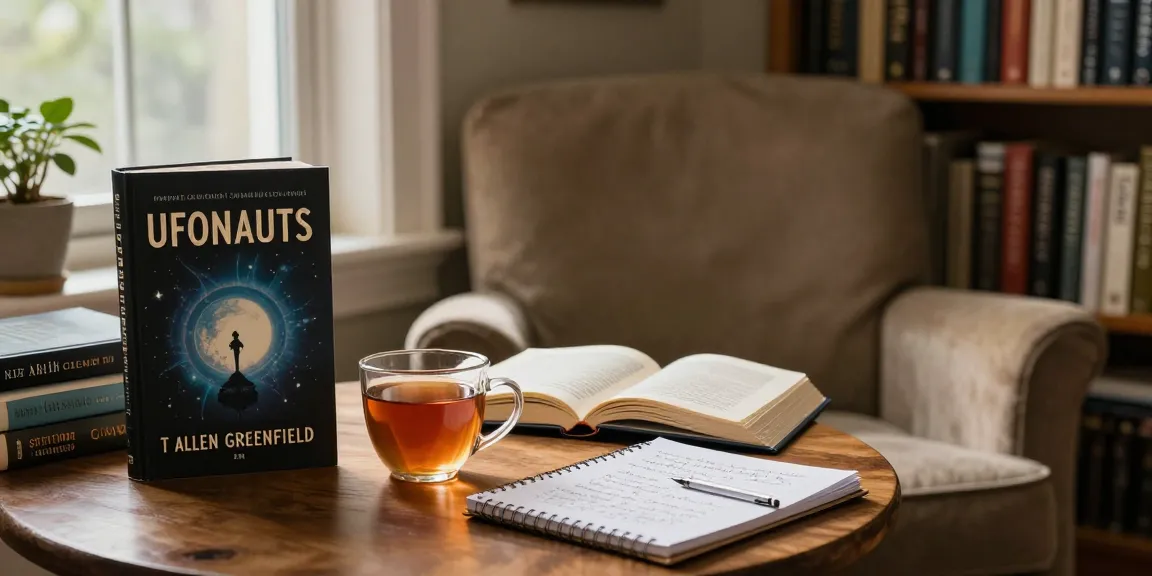 Explore T Allen Greenfield's book UFOnauts at https://tallengreenfield.com, surrounded by cozy reading atmosphere.