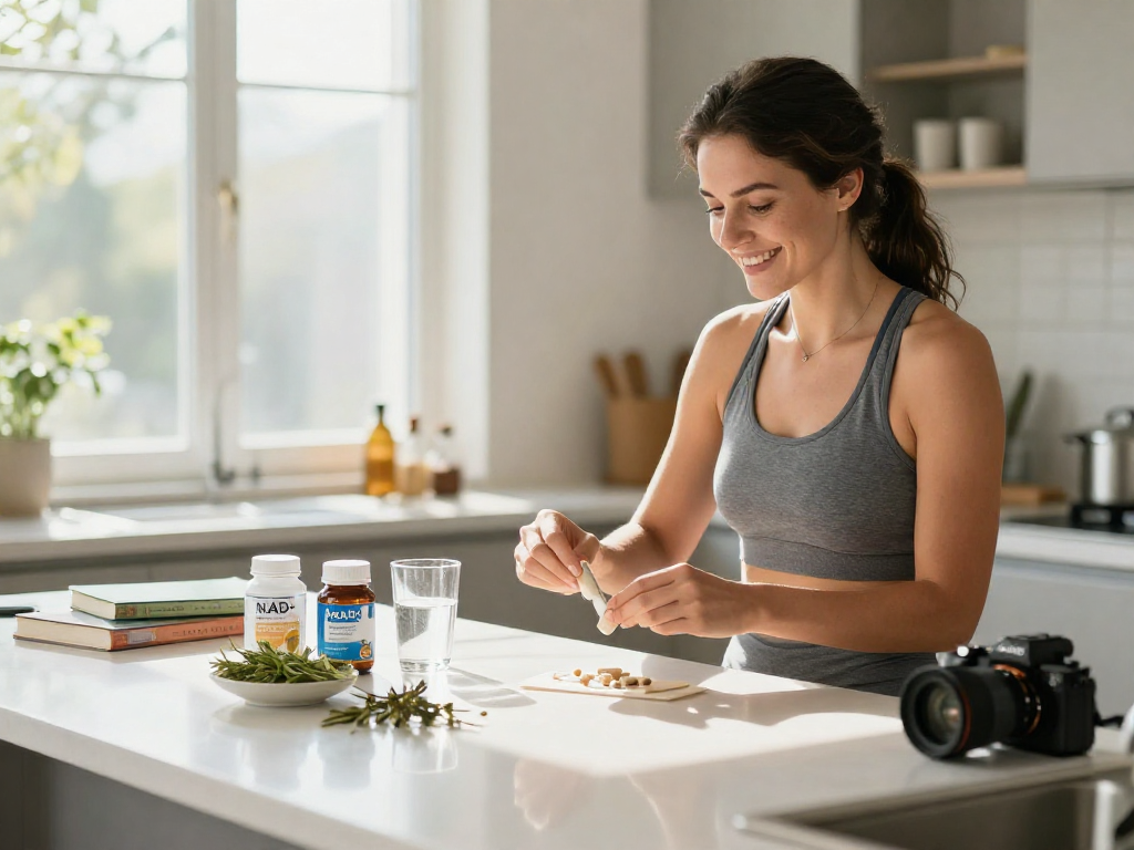NAD+ benefits illustrated through a woman preparing Restore Blend Peptide Buccal Strips in a sunny kitchen.