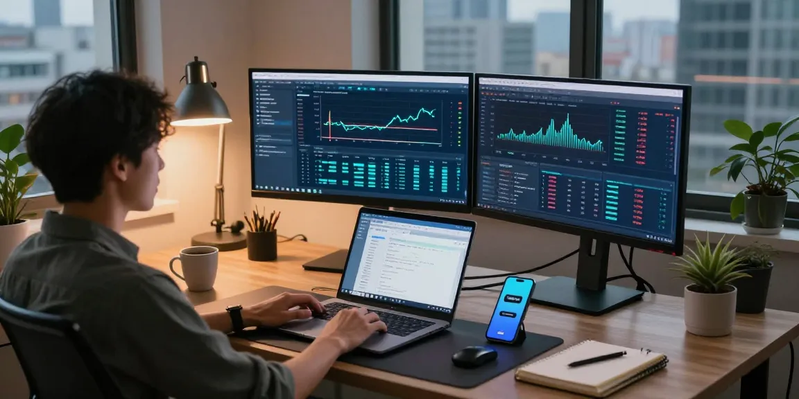 Mining crypto online in a modern workspace with cryptocurrency software, digital wallet interface, and trading analytics.